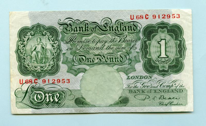 Bank of England £1 One Pound Note  March 1950 Prefix U68C