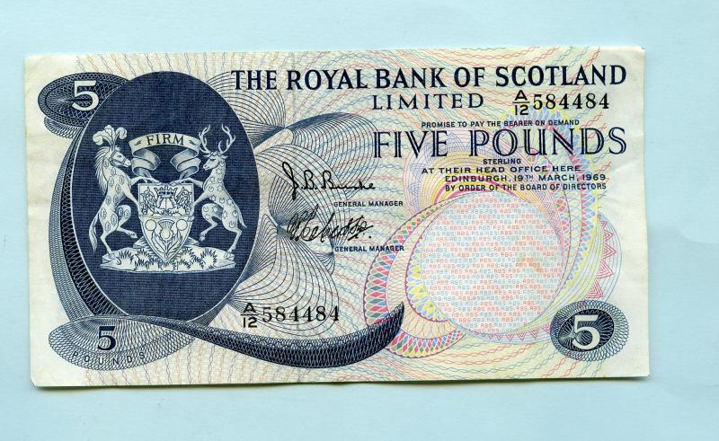 Royal Bank of Scotland £5 Five Pounds Note Dated 19th March 1969.