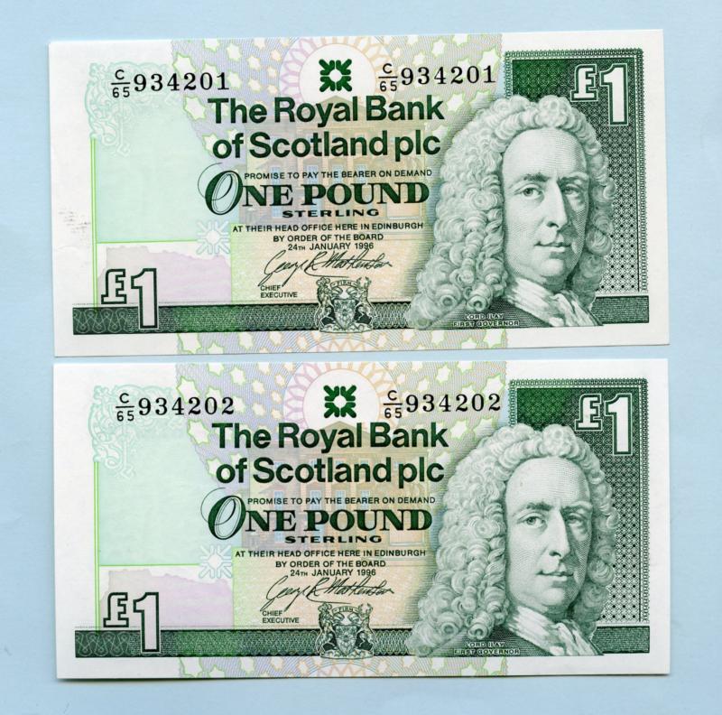 Pair of Royal Bank of Scotland  £1 One Pound Notes  Dated 24th of January 1996