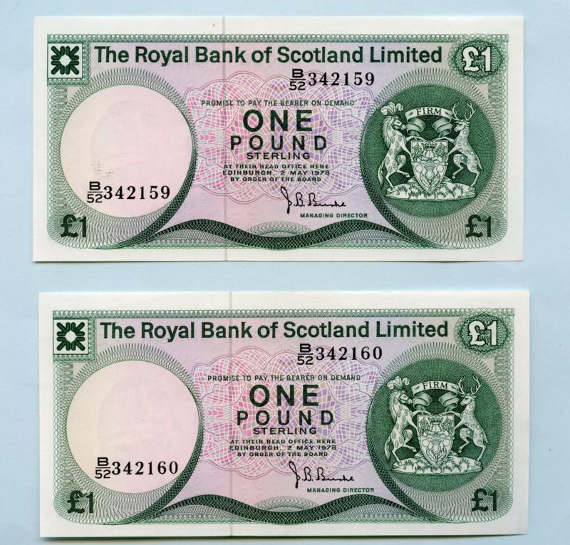 Pair of Royal Bank of Scotland  £1 One Pound Notes  Dated 2nd May 1978