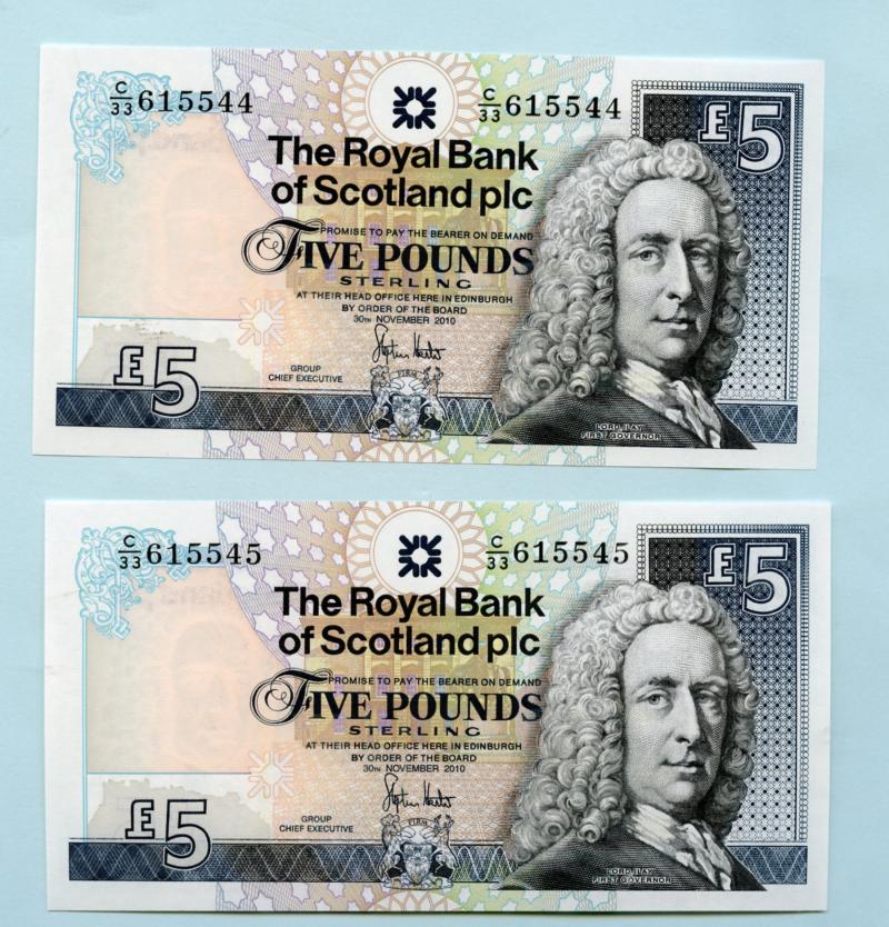 Pair of Royal Bank of Scotland £5 Five Pounds Notes  Dated 27th June 2000