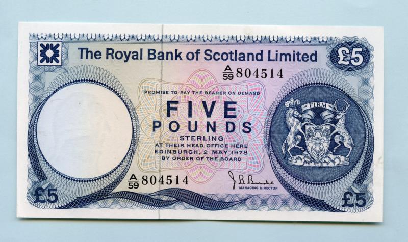 Royal Bank Of Scotland £5 Five Pound Note  Dated 2nd May 1978