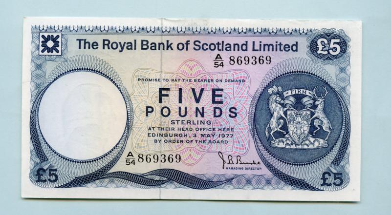 Royal Bank Of Scotland £5 Five Pound Note  Dated 3rd May 1977