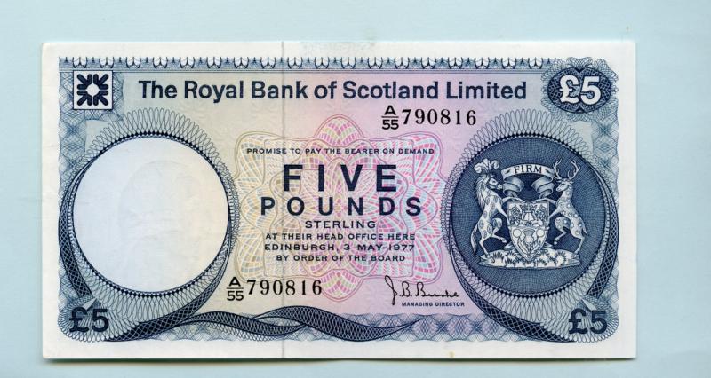 Royal Bank Of Scotland £5 Five Pound Note  Dated 3rd May 1977