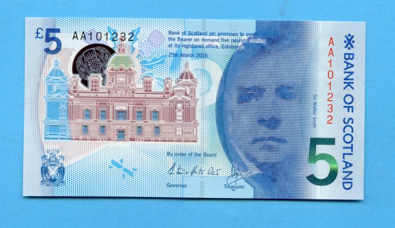 Bank of Scotland £5 Five Pounds Note New Polymer Type Dated 25th March 2016 Prefix AA