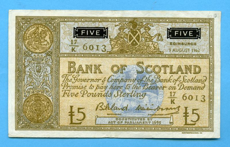 Bank of Scotland  £5 Five Pounds Note Dated 9th August 1962