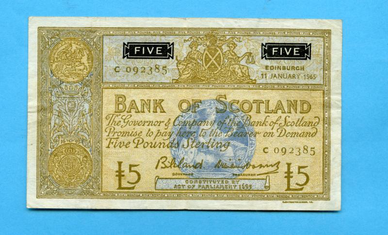 Bank of Scotland  £5 Five Pounds Note Dated 11th January 1965