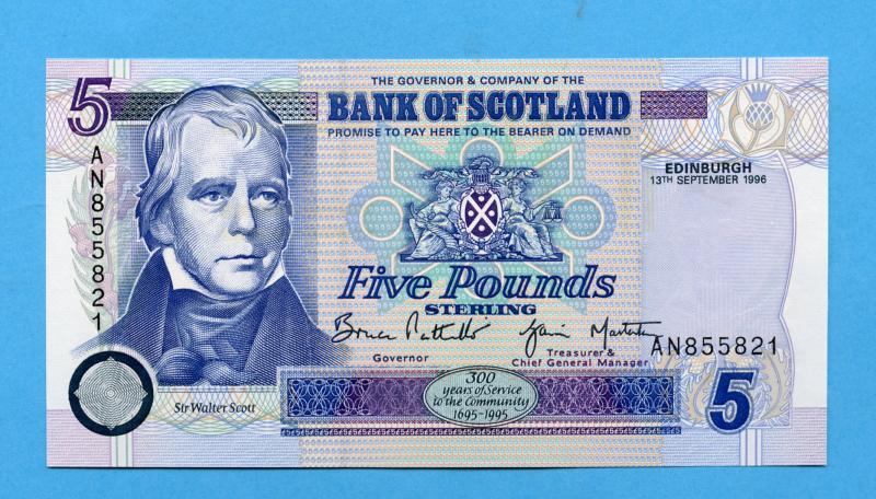 Bank of Scotland  £5 Five  Pounds Note Dated  13th September 1996
