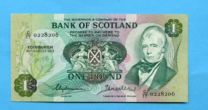 Bank of Scotland   £1 One  Pound Note Dated 30th August  1973