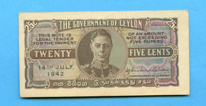 Ceylon Twenty Five Cents Banknote Dated 14th July 1942