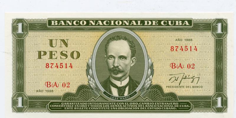 Cuba One Peso Banknote Dated 1988