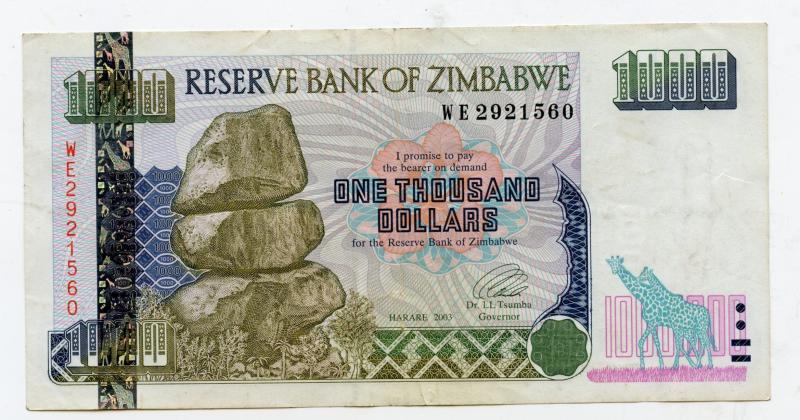 Zimbabwe One Thousand Dollars Banknote Dated 2003