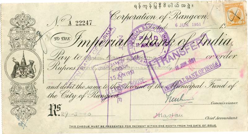 Imperial Bank of India Corporation of Rangoon cheque Dated 6th June 1951