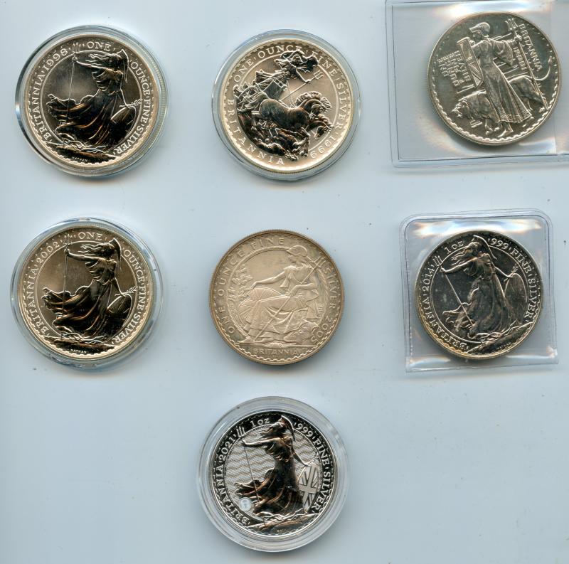 7 Date Run of Silver Britannia one Ounce Silver Coins