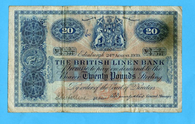 British Linen Bank  £20 Twenty Pounds Banknote Dated  Edinburgh 24th of August 1939