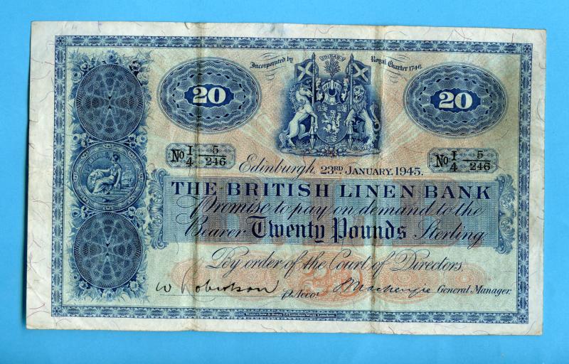 British Linen Bank  £20 Twenty Pounds Banknote Dated   23rd January 1945