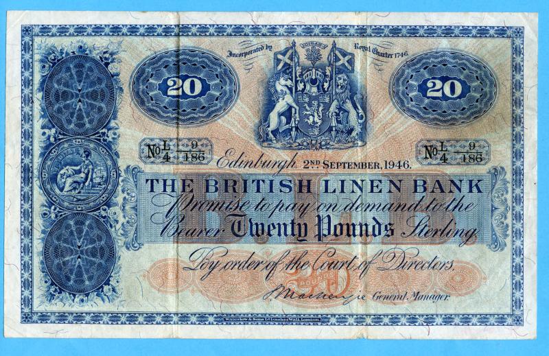 British Linen Bank  £20 Twenty Pounds Banknote Dated 2nd September 1946