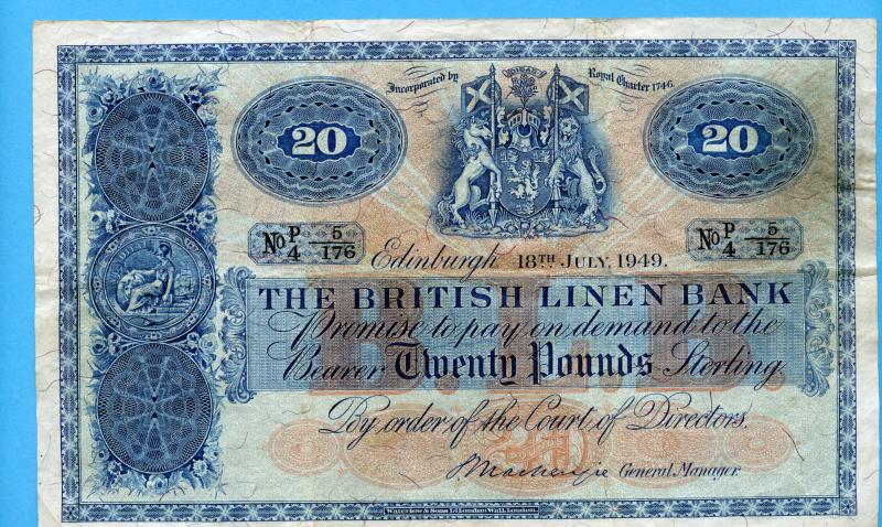 British Linen Bank  £20 Twenty Pounds Banknote Dated  18th July 1949