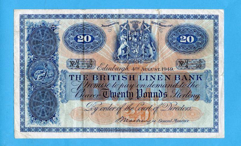 British Linen Bank  £20 Twenty Pounds Banknote Dated 4th August 1949