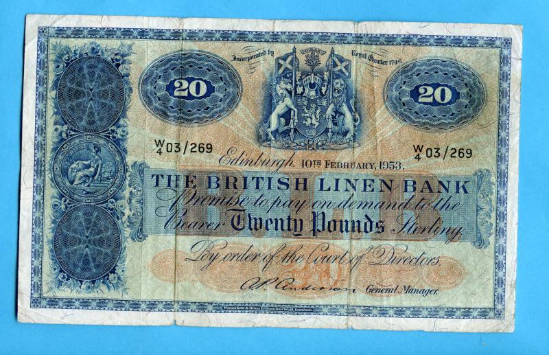 British Linen Bank  £20 Twenty Pounds Banknote Dated  Edinburgh 10th February 1953