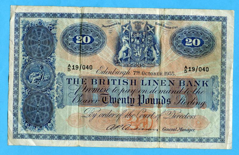 British Linen Bank  £20 Twenty Pounds Banknote Dated  7th October 1955