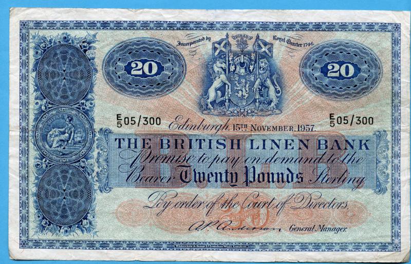 British Linen Bank  £20 Twenty Pounds Banknote Dated  15th November 1957