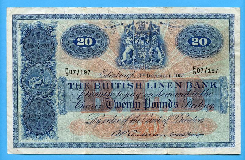 British Linen Bank  £20 Twenty Pounds Banknote Dated  11th December 1957
