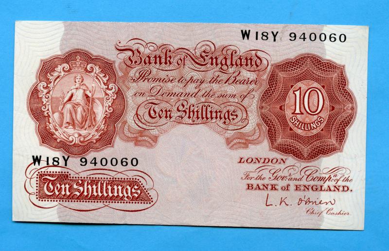 Bank of England  Ten Shillings Note  1955-60 Signature L.K.O'Brien