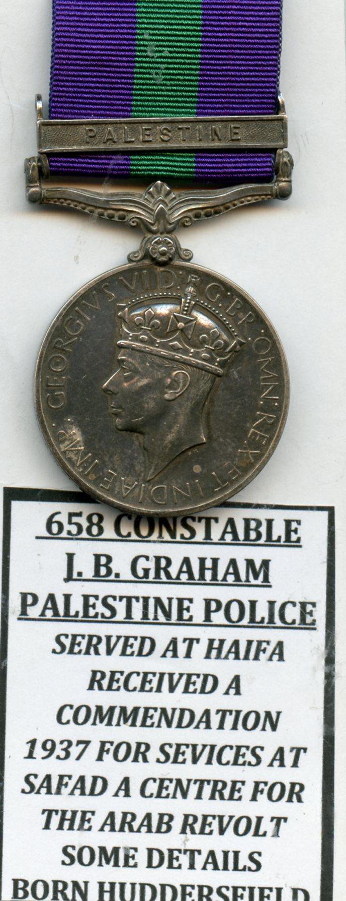 General Service Medal 1918-62 Palestine To Constable James Bernard Graham