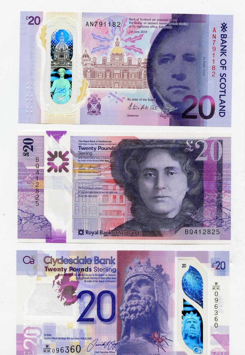 Set of 3 Scottish Banks New Polymer £20 Notes