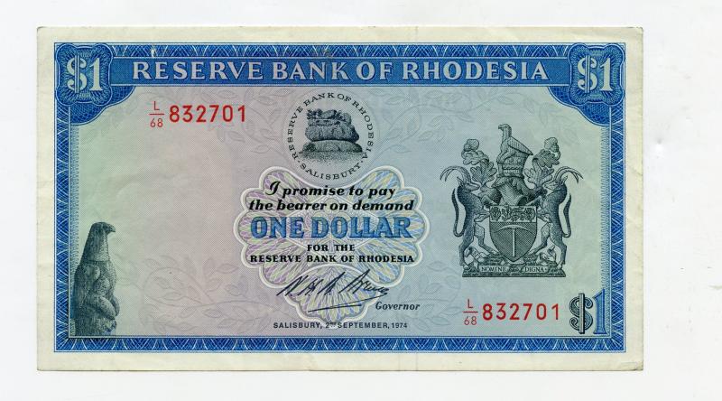 Reserve Bank of Rhodesia  1 Dollar  Banknote Dated 2nd September 1974