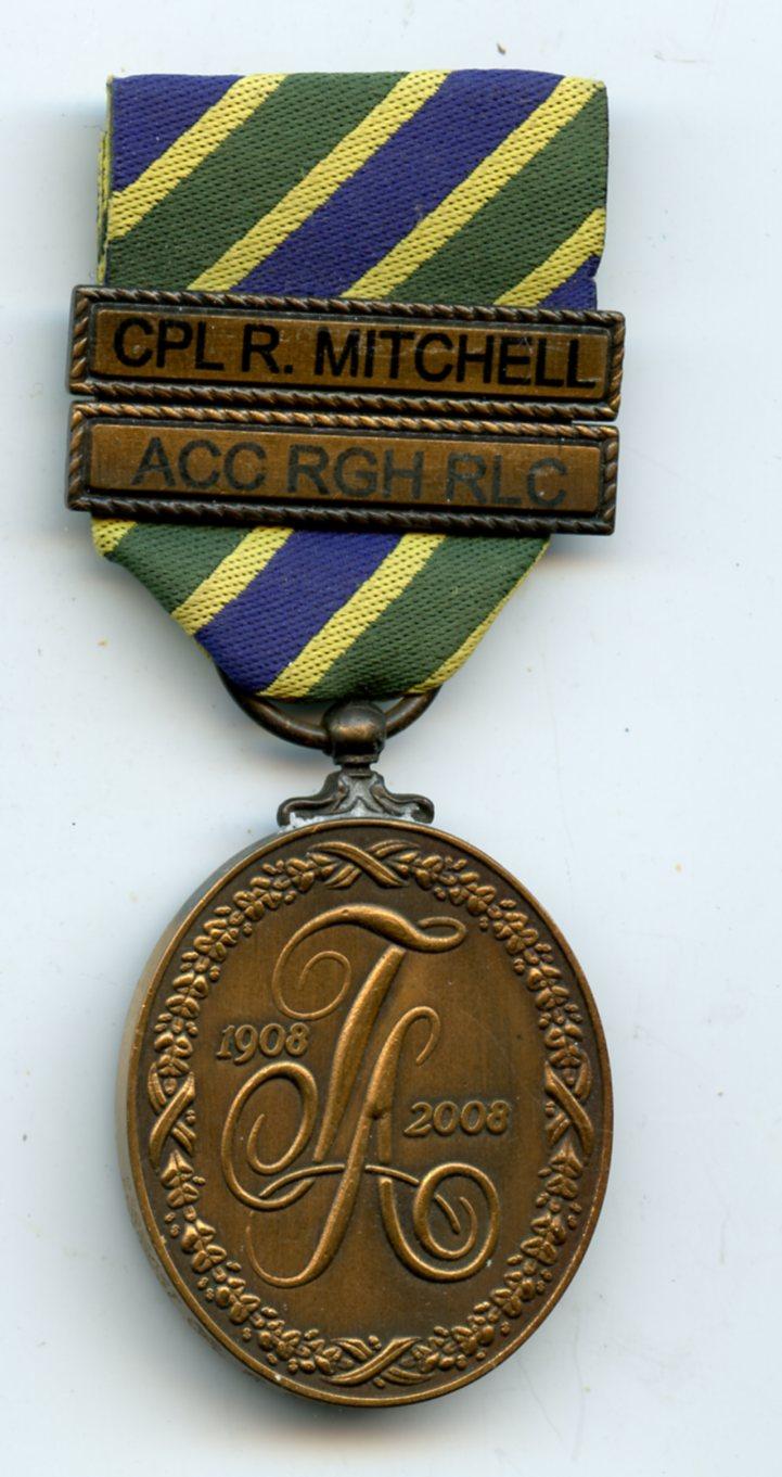 Territorial Army Centennial  Medal 1908-2008 To Cpl R Mitchell, Royal Gloster Hussars, A.C.C. & R.L.C.