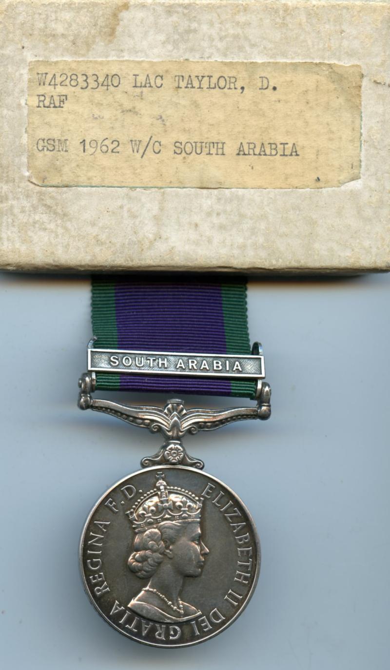 Campaign Service Medal 1962 1 Clasp South Arabia to LAC D Taylor, Royal Air Force