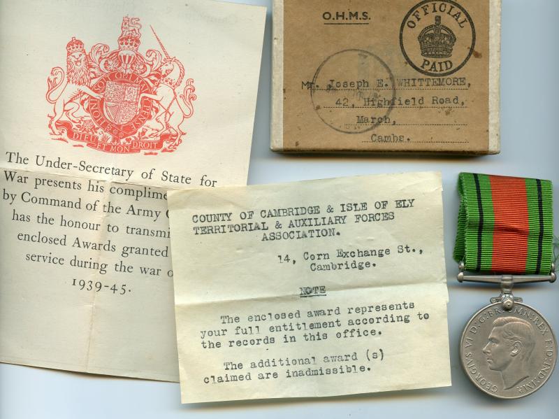 WW2 Boxed Defence Medal 1939-45 To Joseph Whittlemore Territorial Forces Cambridge