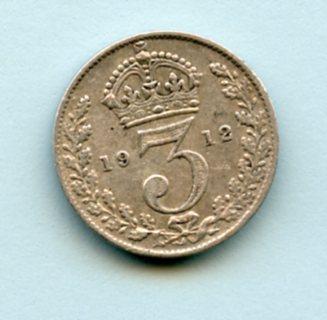 UK  George V Threepence Coin  Dated 1912