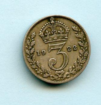 UK  George V Three Pence Coin Dated 1922