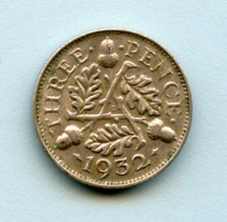 UK George V Three Pence Coin Dated 1932