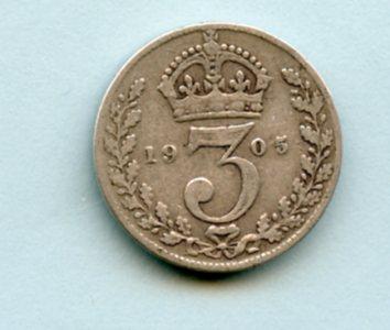 UK  Edward VII Threepence Coin  Dated 1905