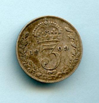 UK  Edward VII Threepence Coin  Dated 1909