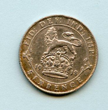 U.K. George V   Sixpence Coin Dated 1918