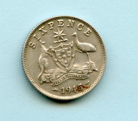 Australia  Silver Sixpence Coin Dated 1945