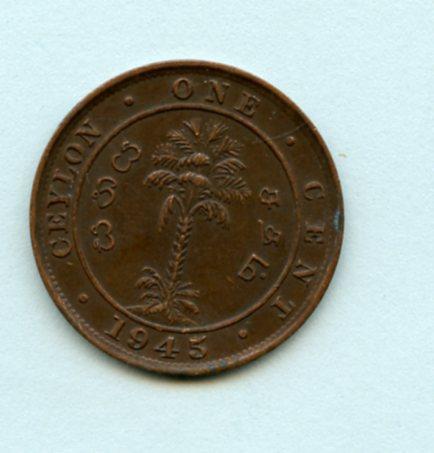 Ceylon  One Cent Coin Dated 1945