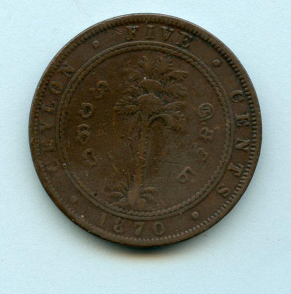Ceylon  5 Cents Coin Dated 1870
