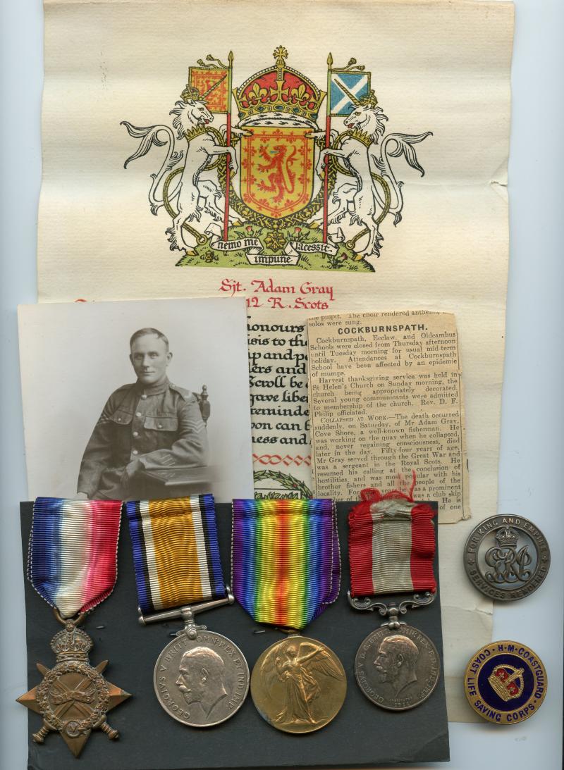WW1 1914-15 Trio World War One Medals & Rocket Apparatus Long Service Medal Group To Sjt Adam Gray, 12th Bn Royal Scots