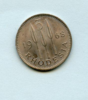 Rhodesia   3 Pence 2 1/2  Cents Coin Dated 1968