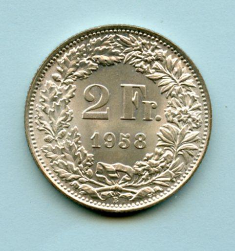 Switzerland  2 Francs Coin Dated 1958