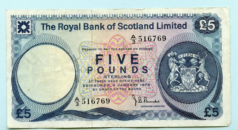 Royal Bank Of Scotland £5 Five Pound Note  Dated 5th January 1972
