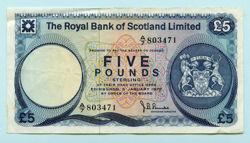 Royal Bank Of Scotland £5 Five Pound Note  Dated 5th January 1972