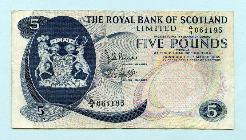 Royal Bank of Scotland  £5 Five Pounds Note Dated 19th March 1969.