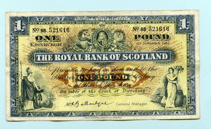 Royal Bank of Scotland  £1 One Pound Note Dated 1st November 1960